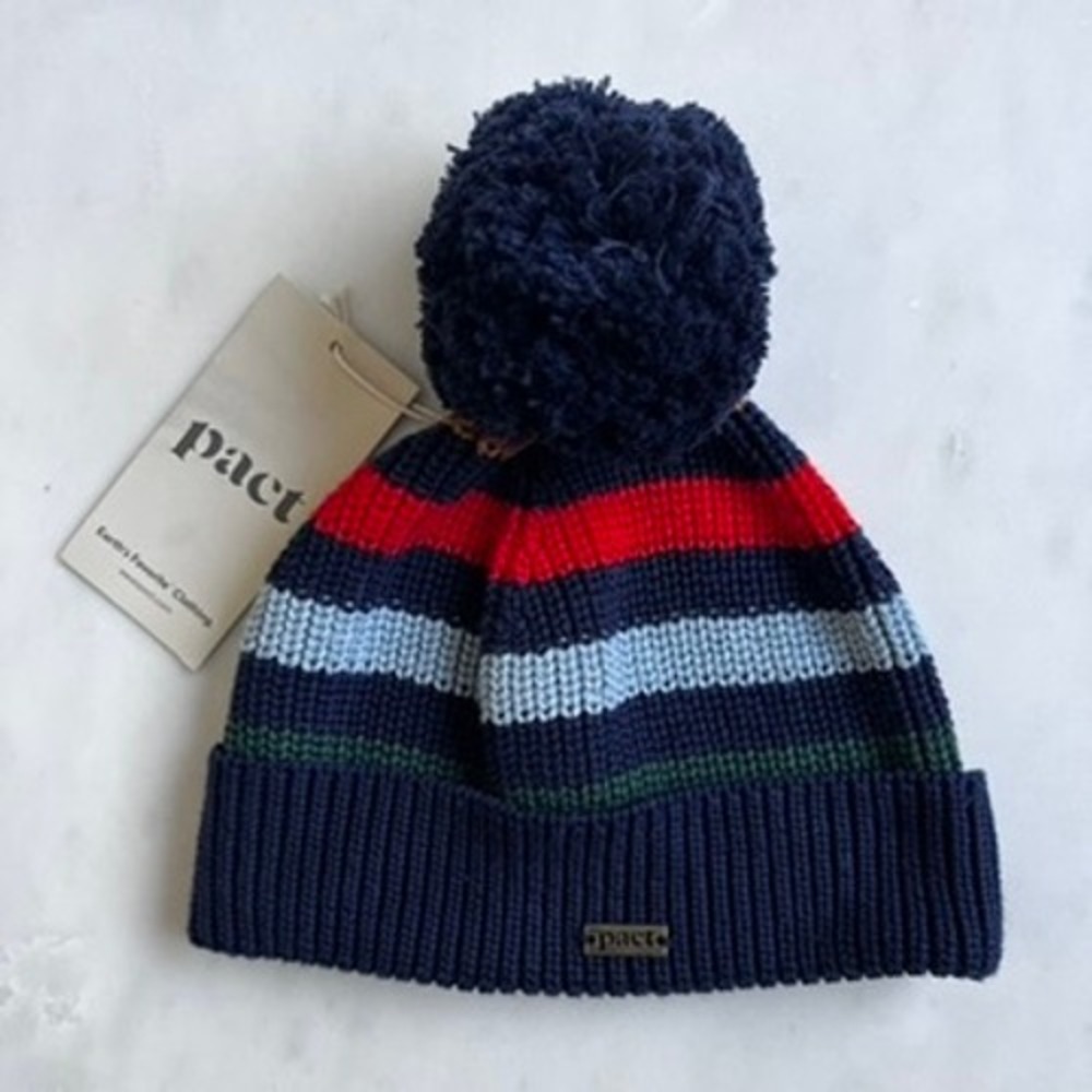 Pact Kids 100% Cotton Knit Pom‎ Pom Beanie Hat Blue Red Stripes OS NWT